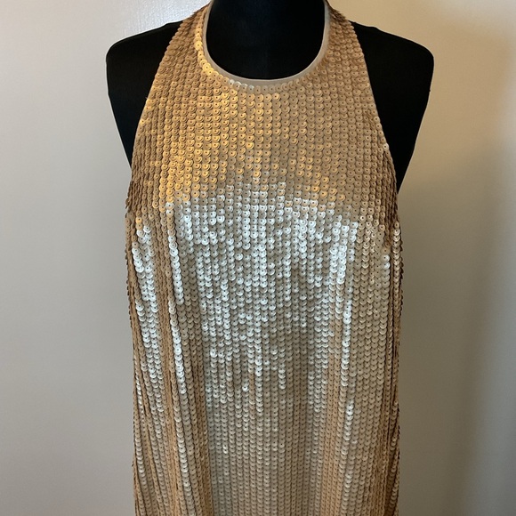 18. Express Sequin Halter Neck Open Back Mini Shift Dress Size XL - Picture 7 of 10